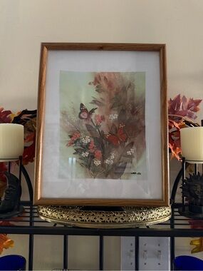 Lena liu vintage 80s embroidery framed art butterflies and blossoms wildflowers